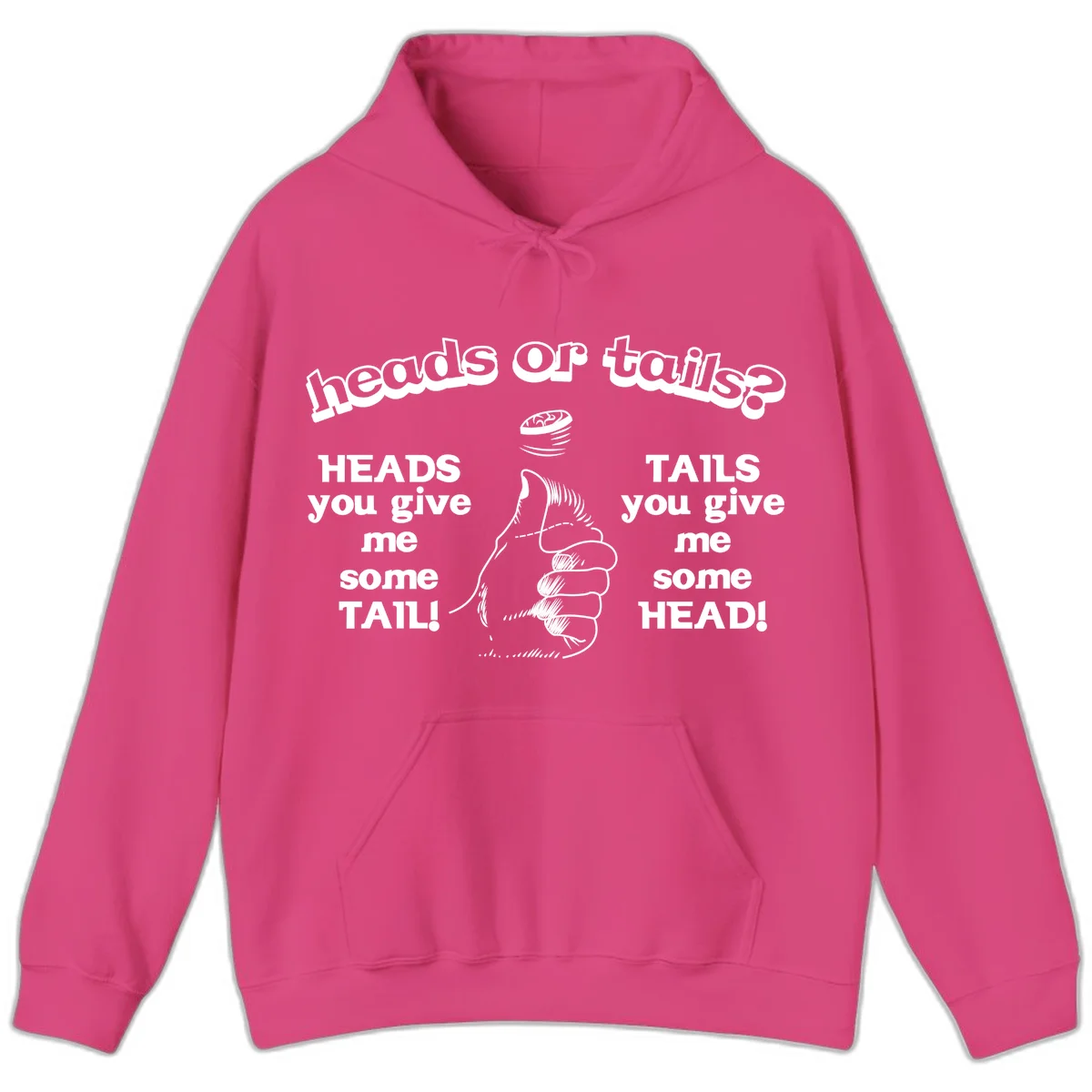 Heads or tails coin flip design with thumbs up hand and spinning coin with cheeky text humor in Heliconia