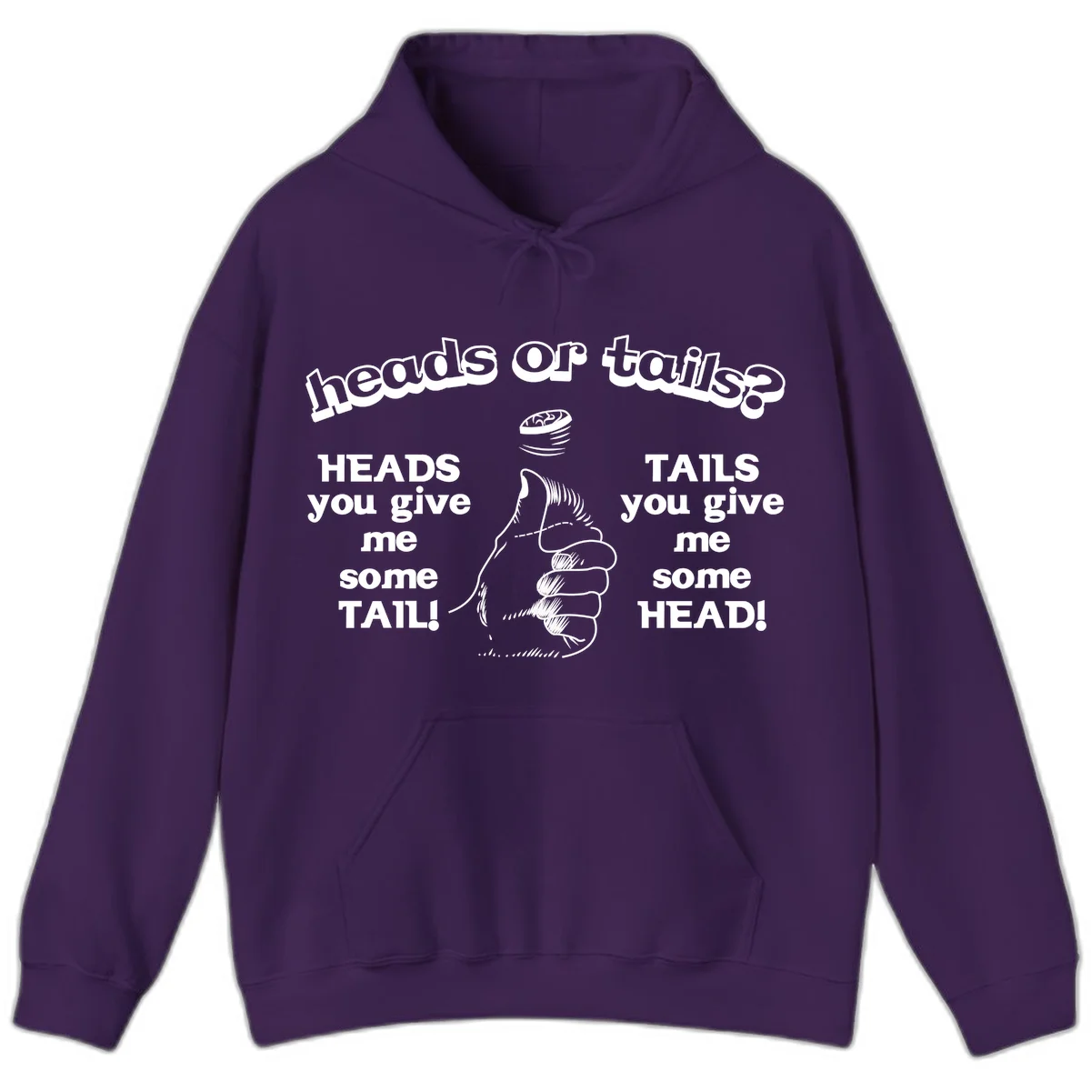 Heads or tails coin flip design with thumbs up hand and spinning coin with cheeky text humor in Purple