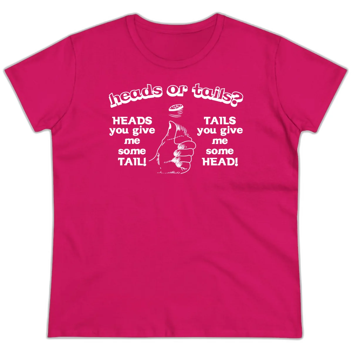 Heads or tails coin flip design with thumbs up hand and spinning coin with cheeky text humor in Heliconia