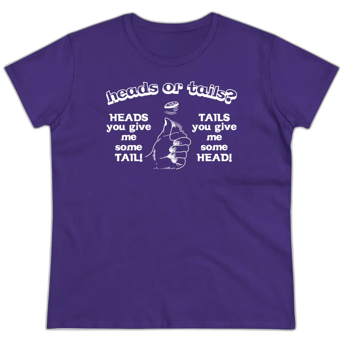 Heads or tails coin flip design with thumbs up hand and spinning coin with cheeky text humor in Purple