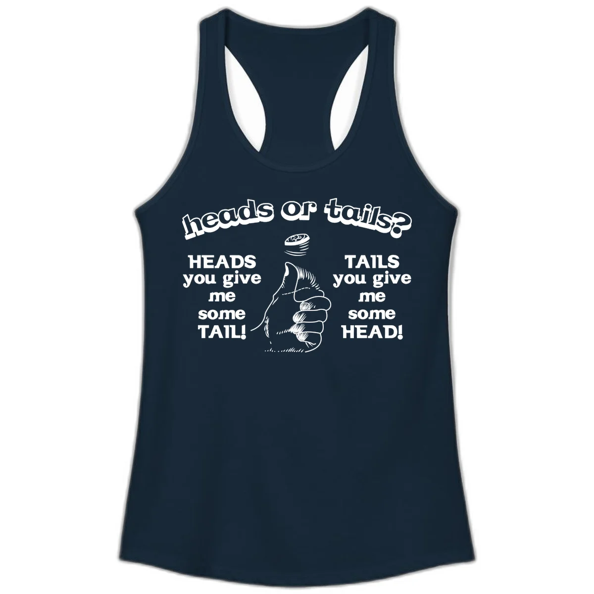 Heads or tails coin flip design with thumbs up hand and spinning coin with cheeky text humor in Solid Midnight Navy