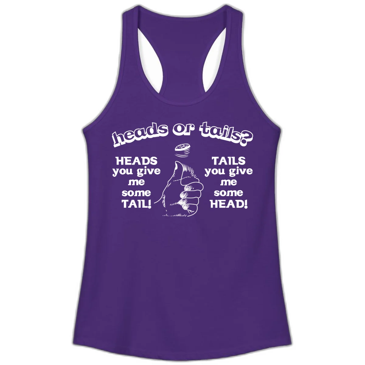 Heads or tails coin flip design with thumbs up hand and spinning coin with cheeky text humor in Solid Purple Rush