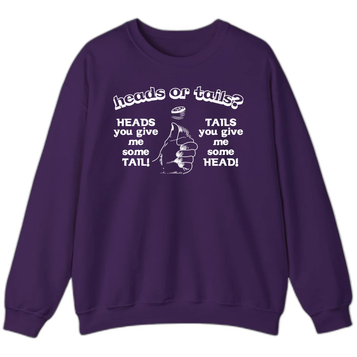 Heads or tails coin flip design with thumbs up hand and spinning coin with cheeky text humor in Purple