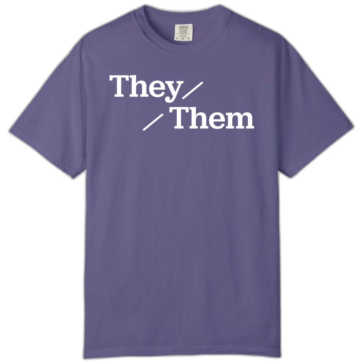 Minimalist design with white text reading 'They / Them' on gray background, celebrating gender-inclusive pronouns in Grape