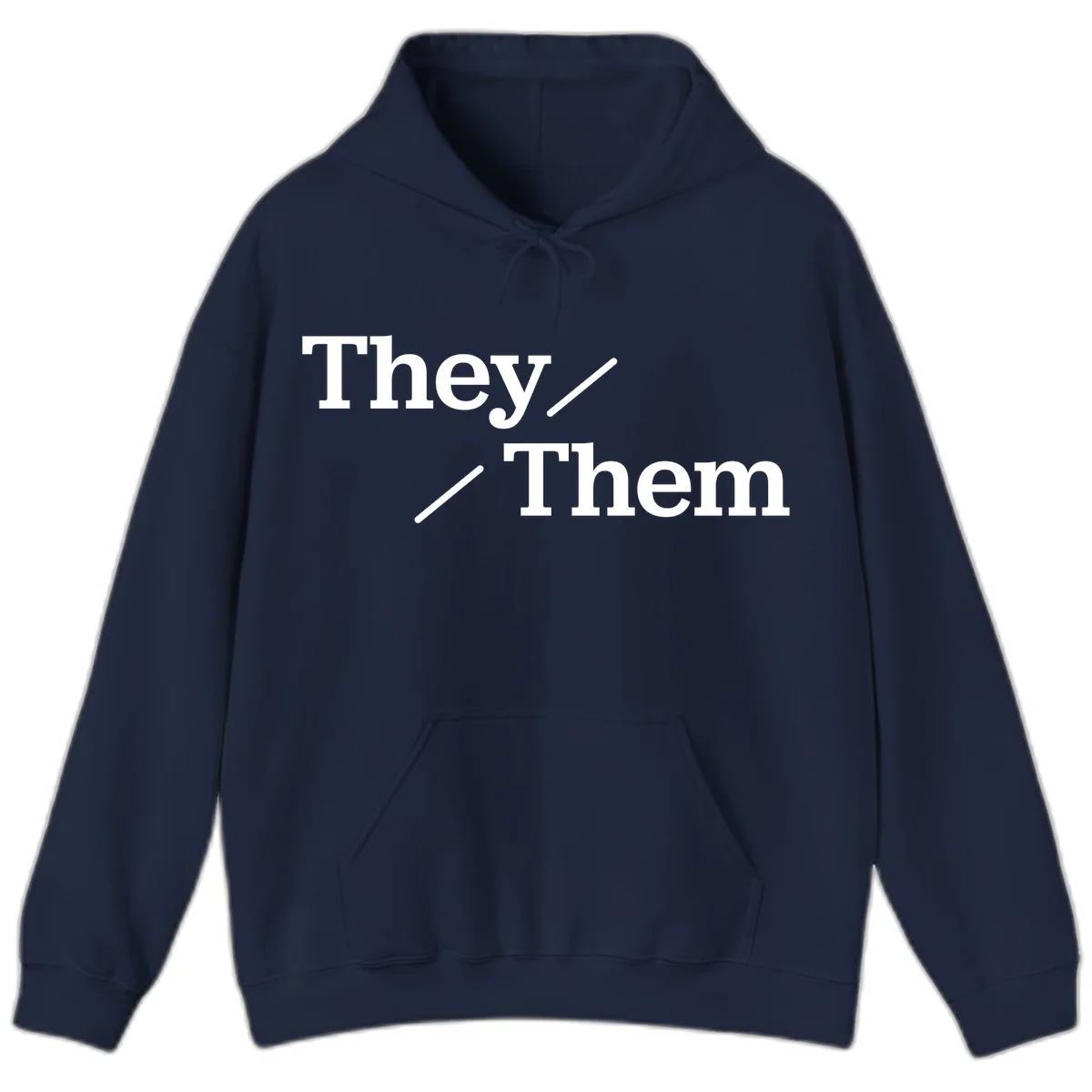 Minimalist design with white text reading 'They / Them' on gray background, celebrating gender-inclusive pronouns in Navy