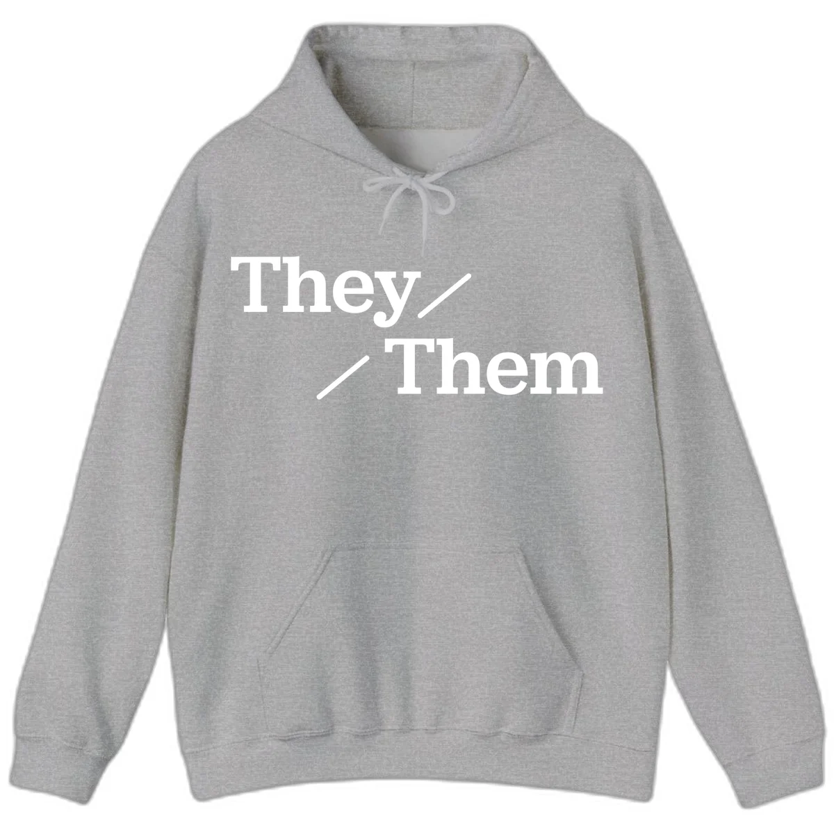 Minimalist design with white text reading 'They / Them' on gray background, celebrating gender-inclusive pronouns in Sport Grey
