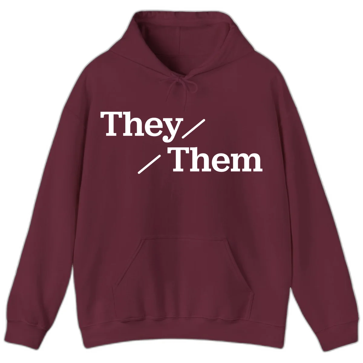 Minimalist design with white text reading 'They / Them' on gray background, celebrating gender-inclusive pronouns in Maroon