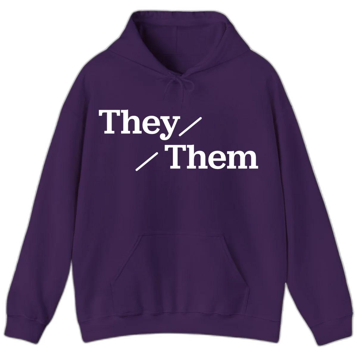 Minimalist design with white text reading 'They / Them' on gray background, celebrating gender-inclusive pronouns in Purple