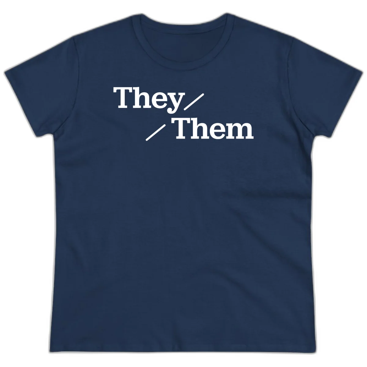 Minimalist design with white text reading 'They / Them' on gray background, celebrating gender-inclusive pronouns in Navy