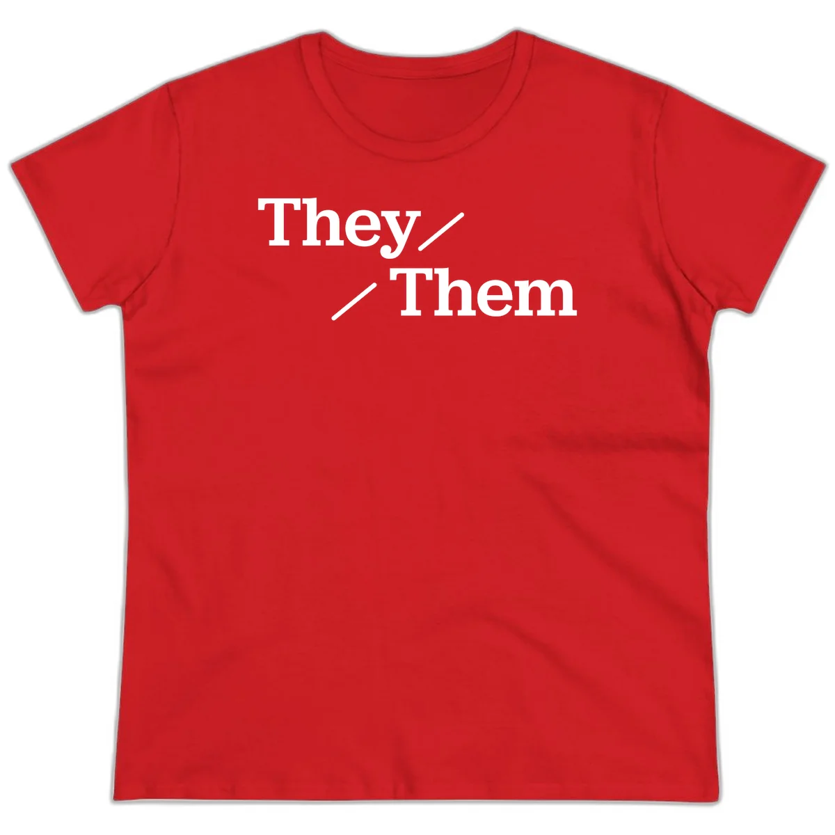 Minimalist design with white text reading 'They / Them' on gray background, celebrating gender-inclusive pronouns in Red