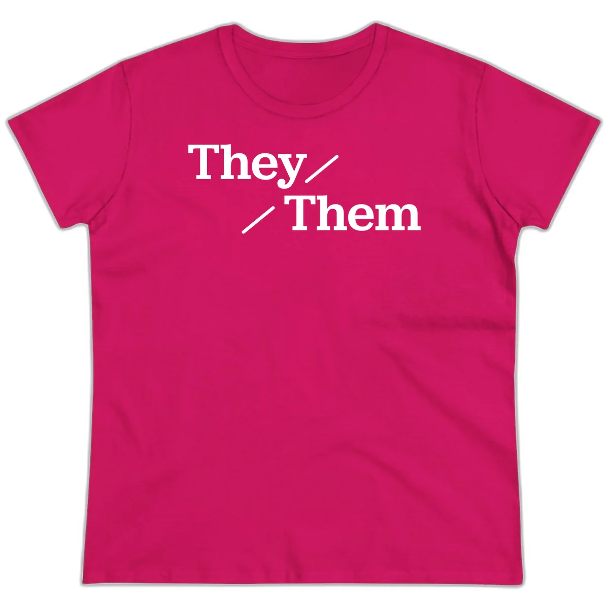 Minimalist design with white text reading 'They / Them' on gray background, celebrating gender-inclusive pronouns in Heliconia