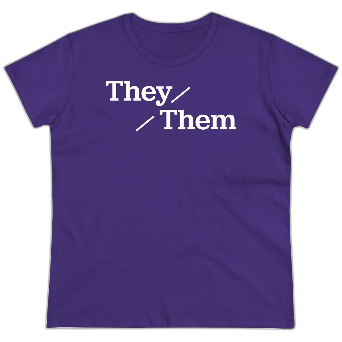 Minimalist design with white text reading 'They / Them' on gray background, celebrating gender-inclusive pronouns in Purple