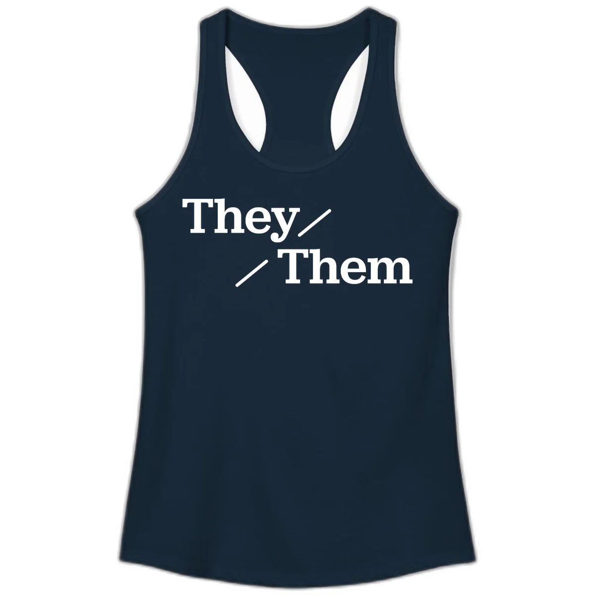 Minimalist design with white text reading 'They / Them' on gray background, celebrating gender-inclusive pronouns in Solid Midnight Navy