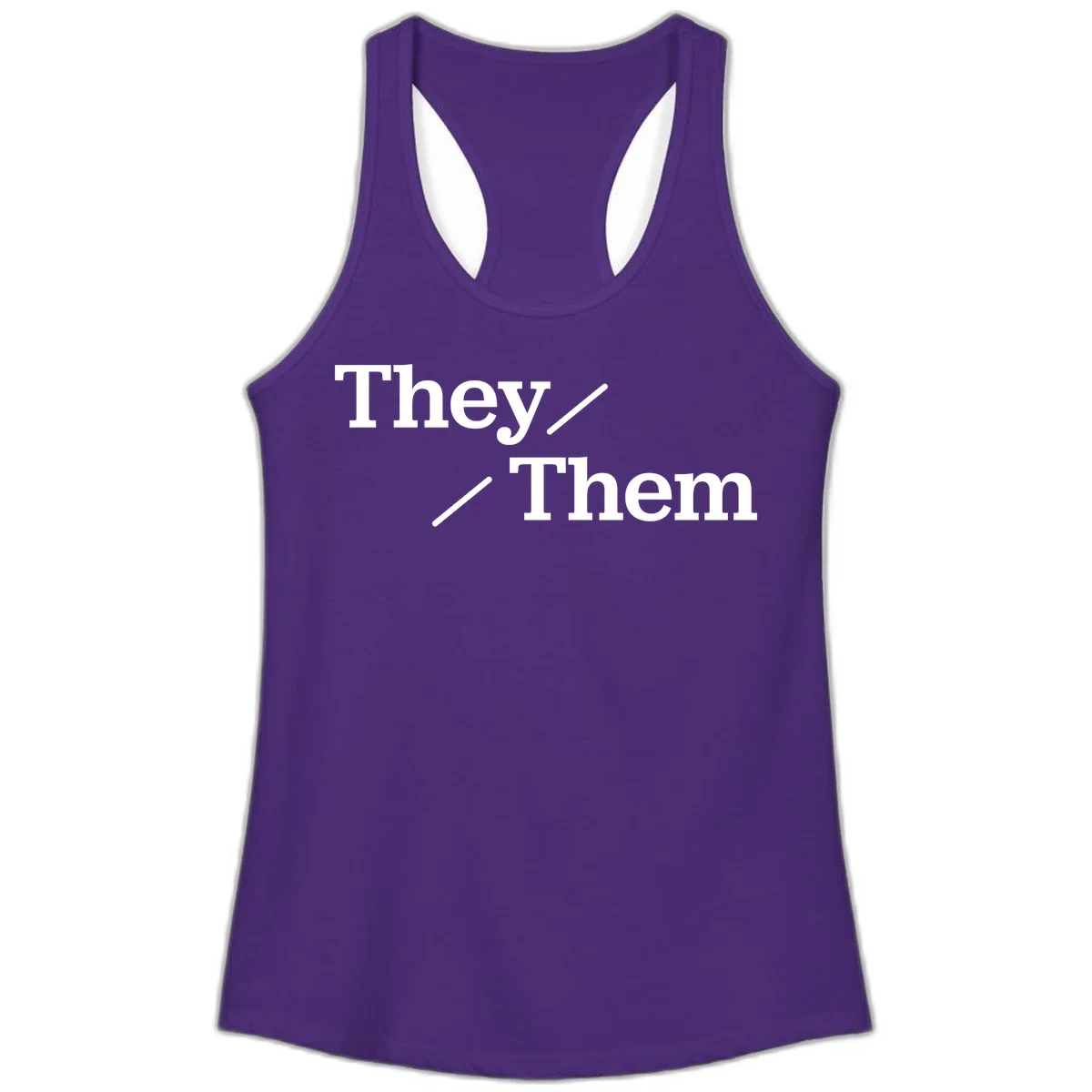 Minimalist design with white text reading 'They / Them' on gray background, celebrating gender-inclusive pronouns in Solid Purple Rush
