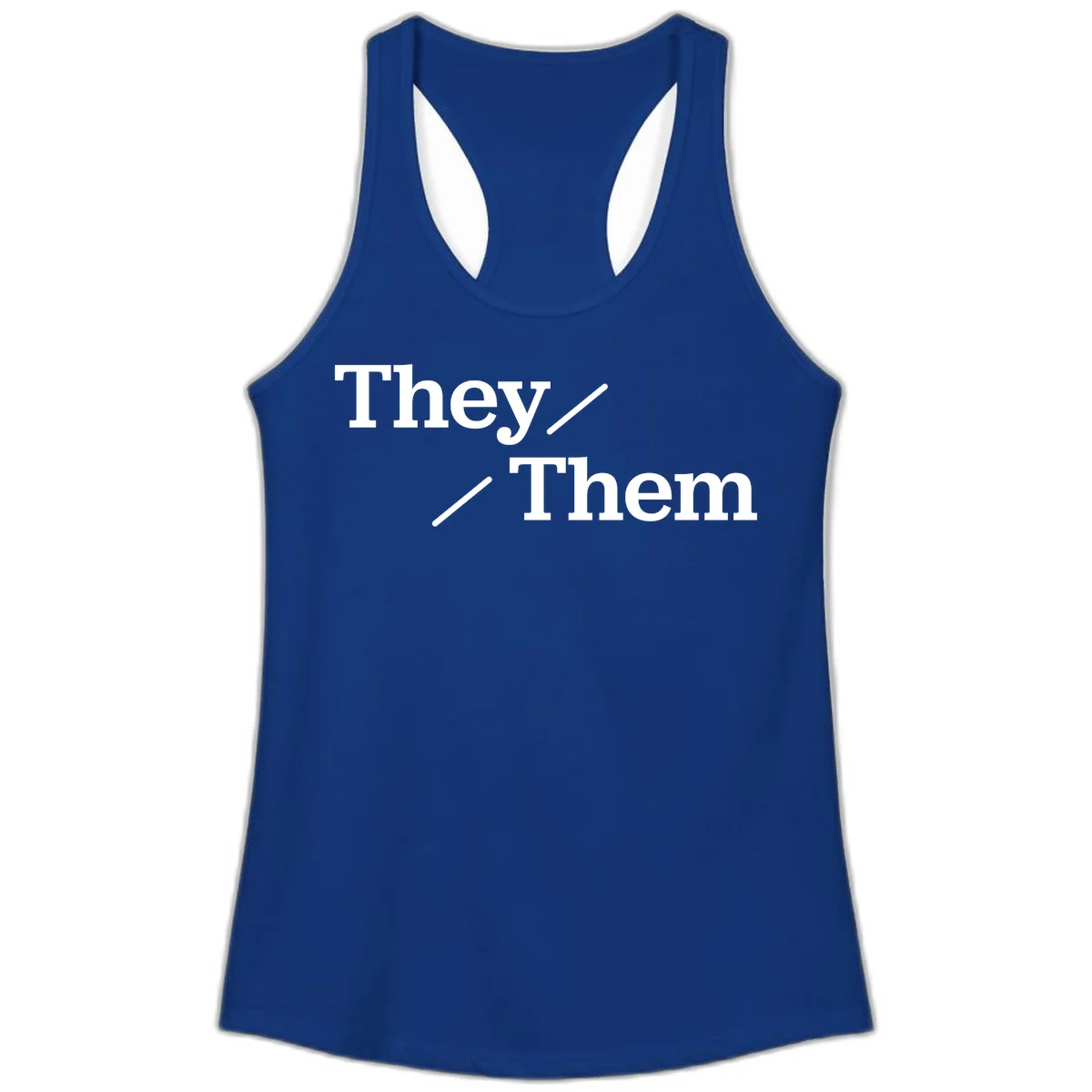 Minimalist design with white text reading 'They / Them' on gray background, celebrating gender-inclusive pronouns in Solid Royal