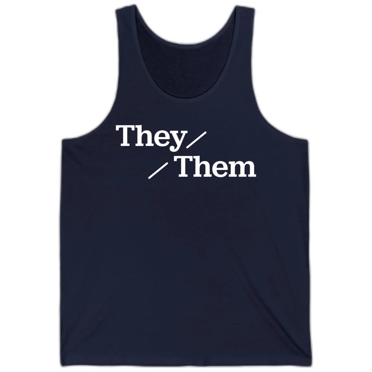 Minimalist design with white text reading 'They / Them' on gray background, celebrating gender-inclusive pronouns in Navy