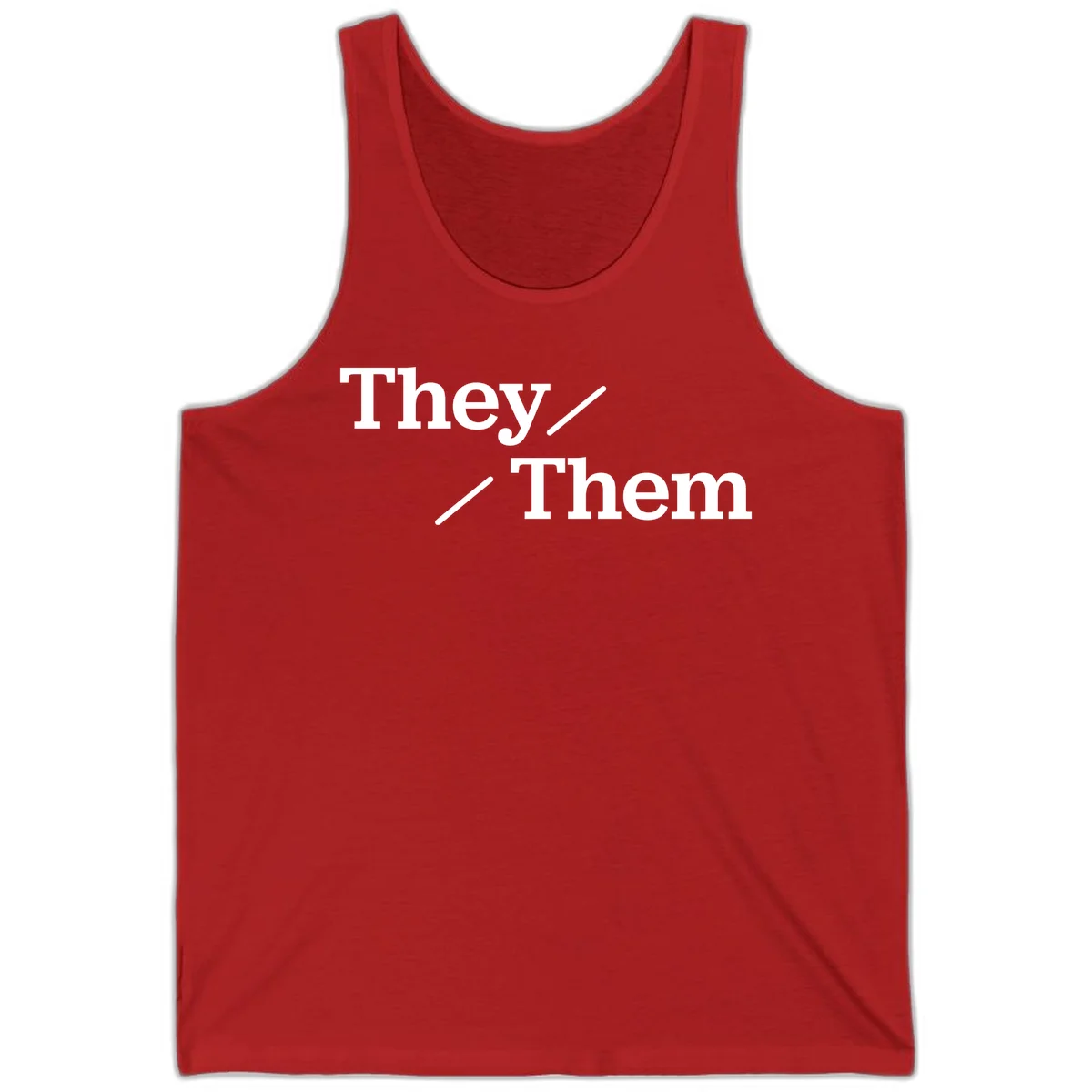 Minimalist design with white text reading 'They / Them' on gray background, celebrating gender-inclusive pronouns in Red
