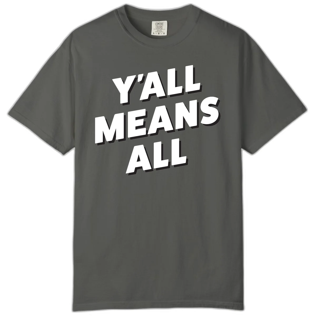 Bold 3D typography design reading 'Y'ALL MEANS ALL' in white letters with black shadow effect, promoting inclusivity and belonging in Pepper