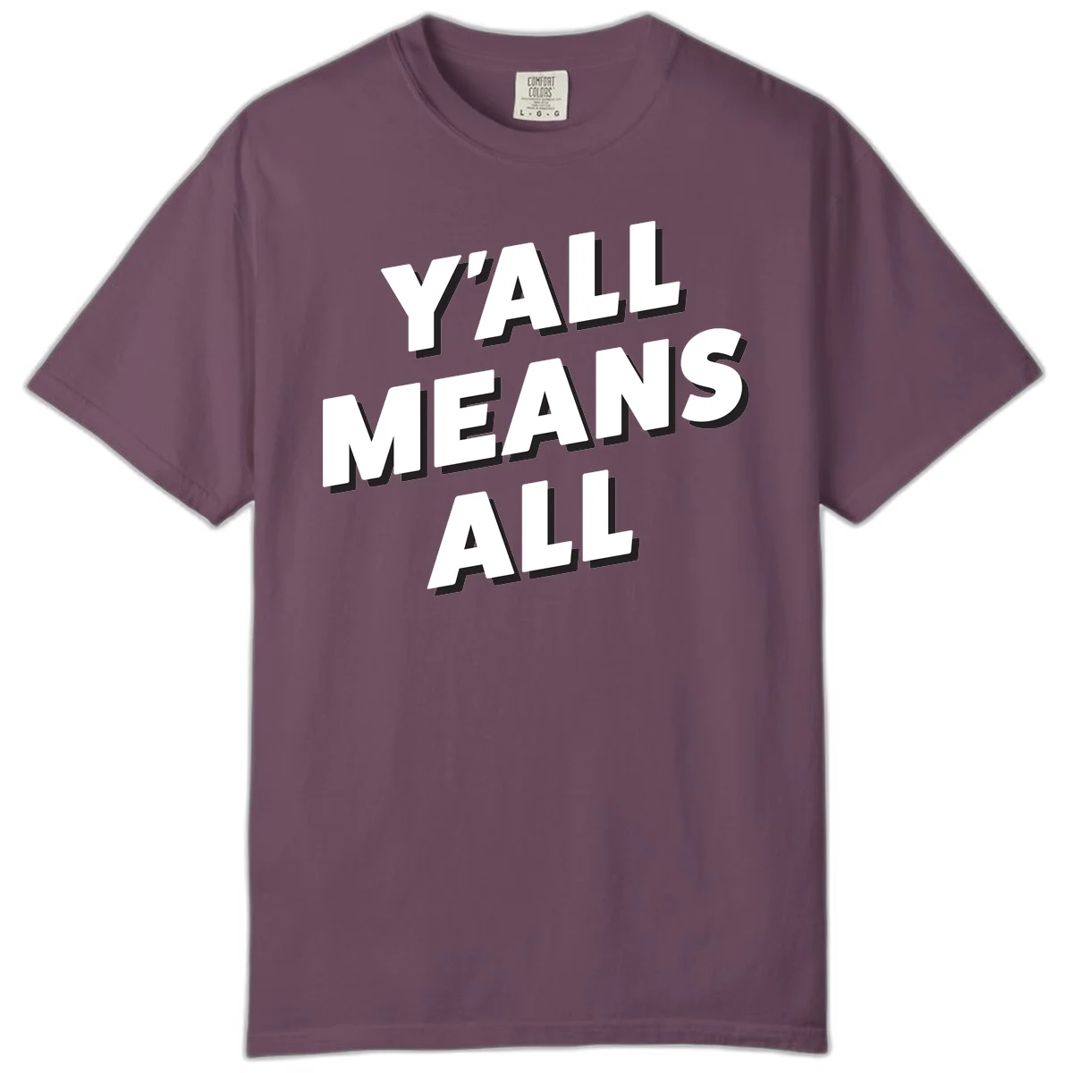 Bold 3D typography design reading 'Y'ALL MEANS ALL' in white letters with black shadow effect, promoting inclusivity and belonging in Berry