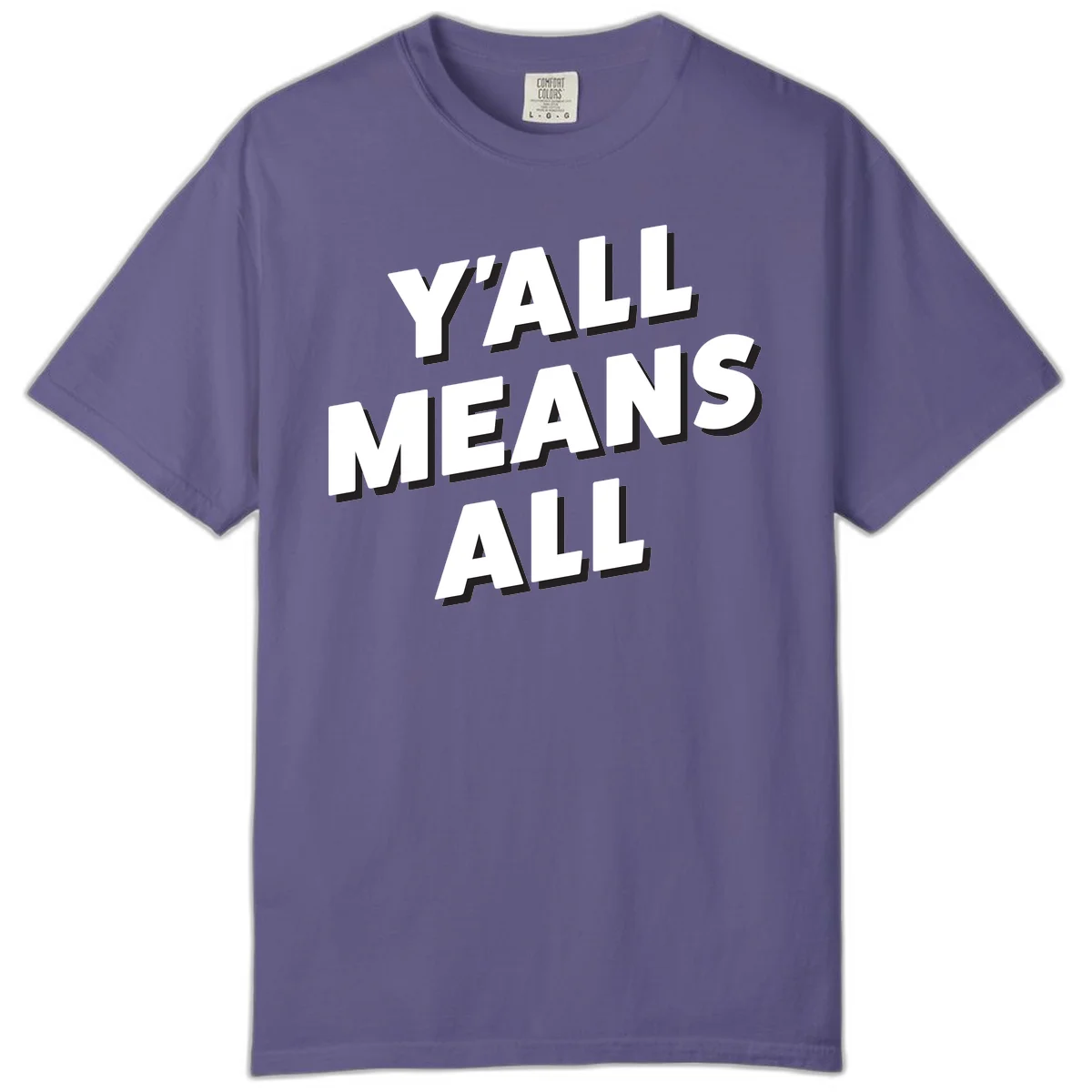 Bold 3D typography design reading 'Y'ALL MEANS ALL' in white letters with black shadow effect, promoting inclusivity and belonging in Grape