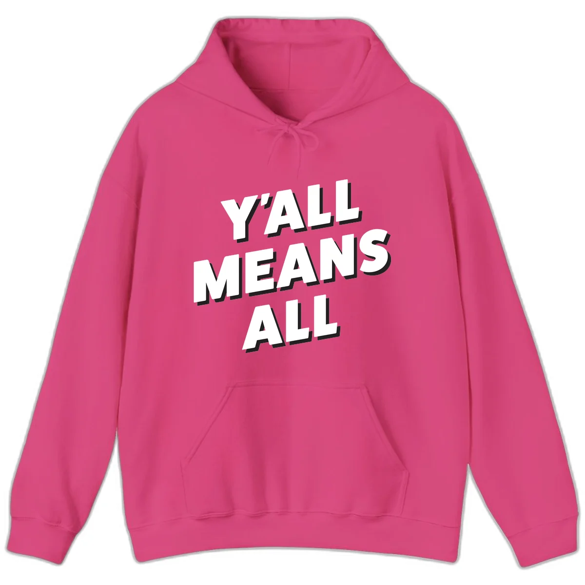 Bold 3D typography design reading 'Y'ALL MEANS ALL' in white letters with black shadow effect, promoting inclusivity and belonging in Heliconia