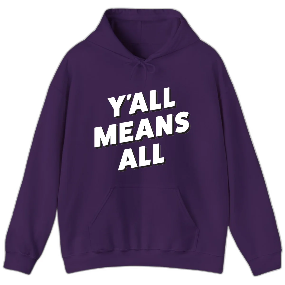 Bold 3D typography design reading 'Y'ALL MEANS ALL' in white letters with black shadow effect, promoting inclusivity and belonging in Purple