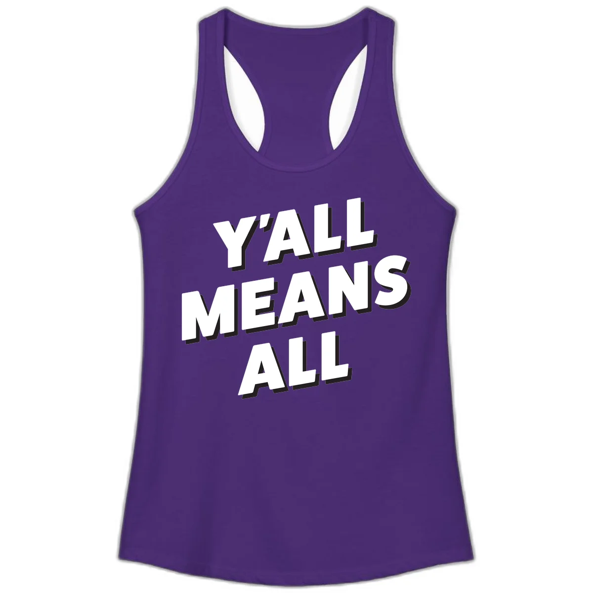 Bold 3D typography design reading 'Y'ALL MEANS ALL' in white letters with black shadow effect, promoting inclusivity and belonging in Solid Purple Rush