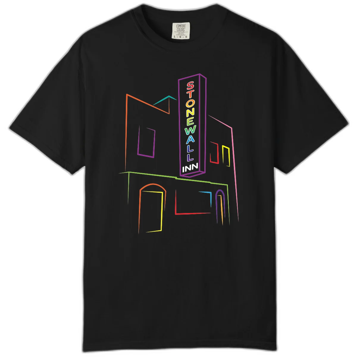 Stonewall Inn neon sign illustration in rainbow colors with building outline and colorful window frames in Black
