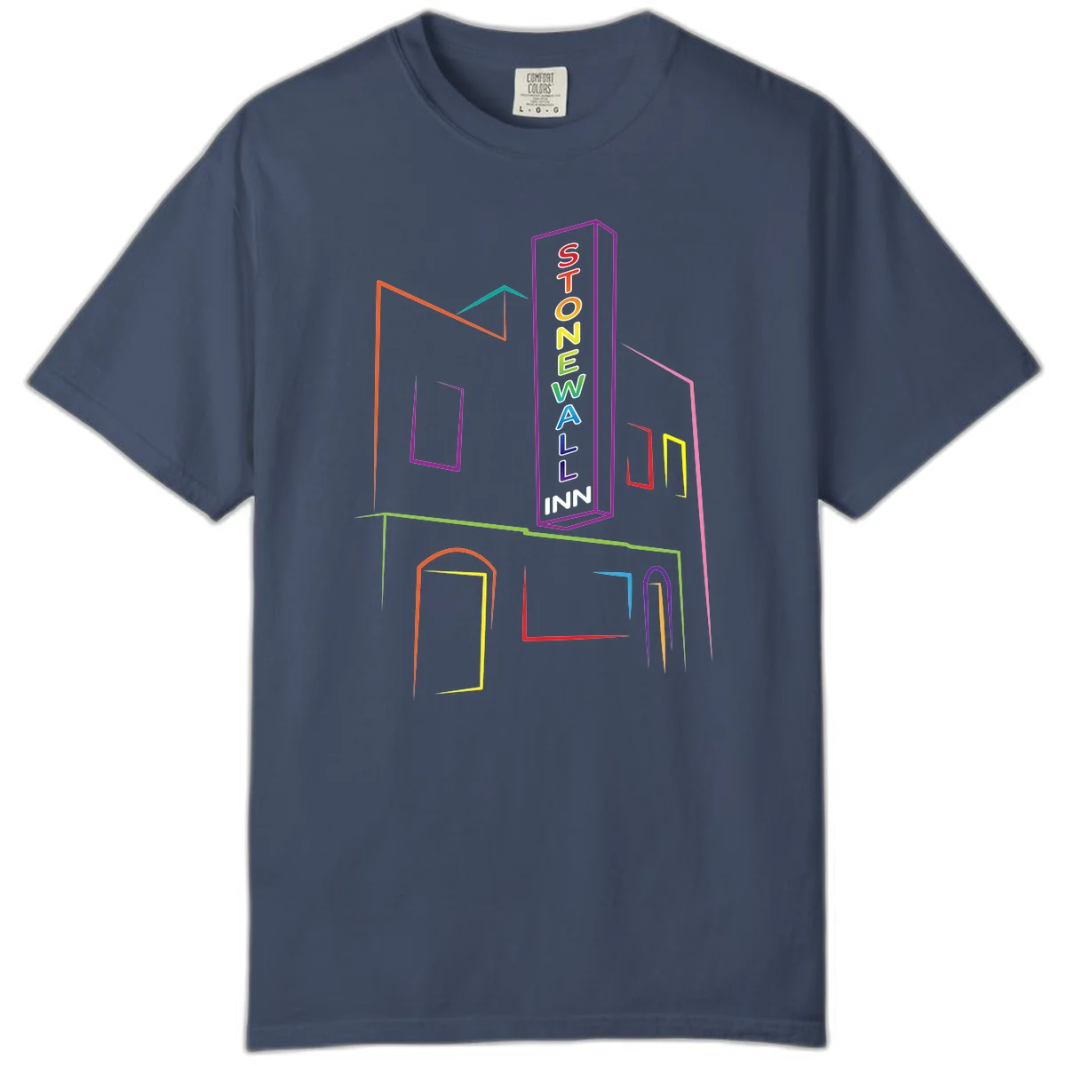 Stonewall Inn neon sign illustration in rainbow colors with building outline and colorful window frames in Midnight