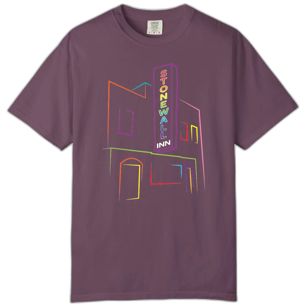 Stonewall Inn neon sign illustration in rainbow colors with building outline and colorful window frames in Berry