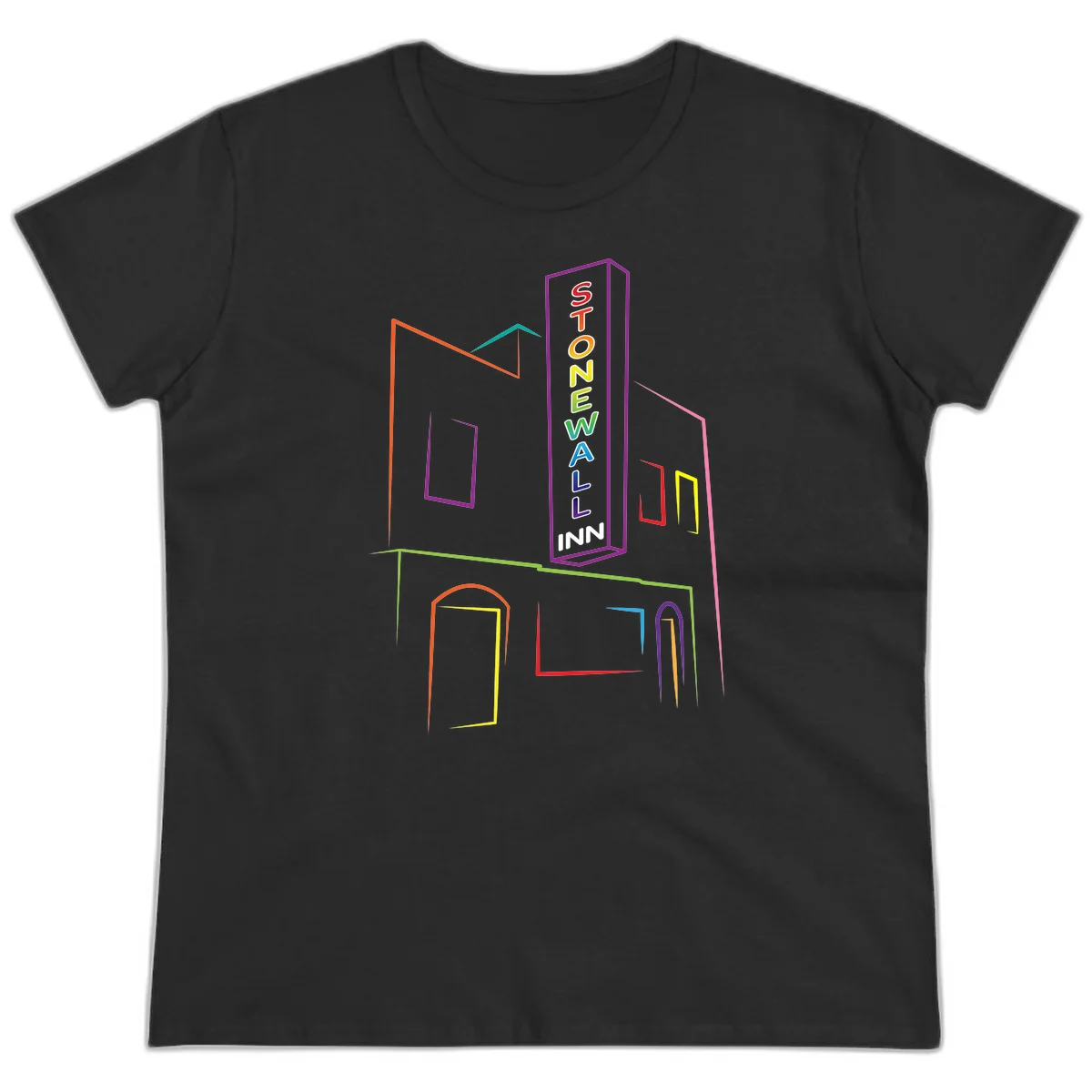 Stonewall Inn neon sign illustration in rainbow colors with building outline and colorful window frames in Black