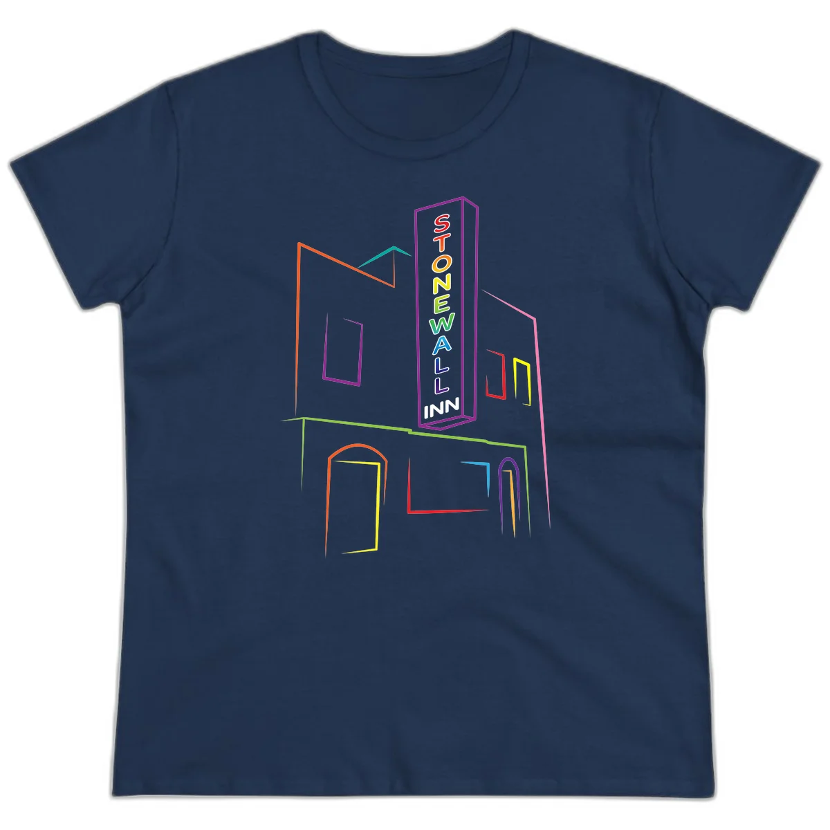 Stonewall Inn neon sign illustration in rainbow colors with building outline and colorful window frames in Navy