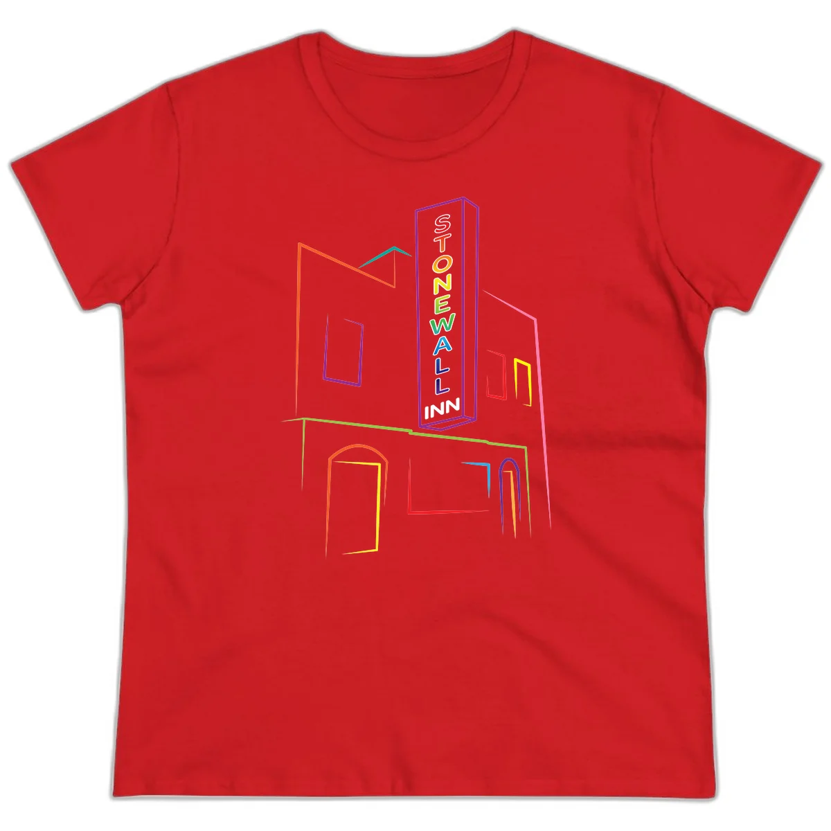 Stonewall Inn neon sign illustration in rainbow colors with building outline and colorful window frames in Red