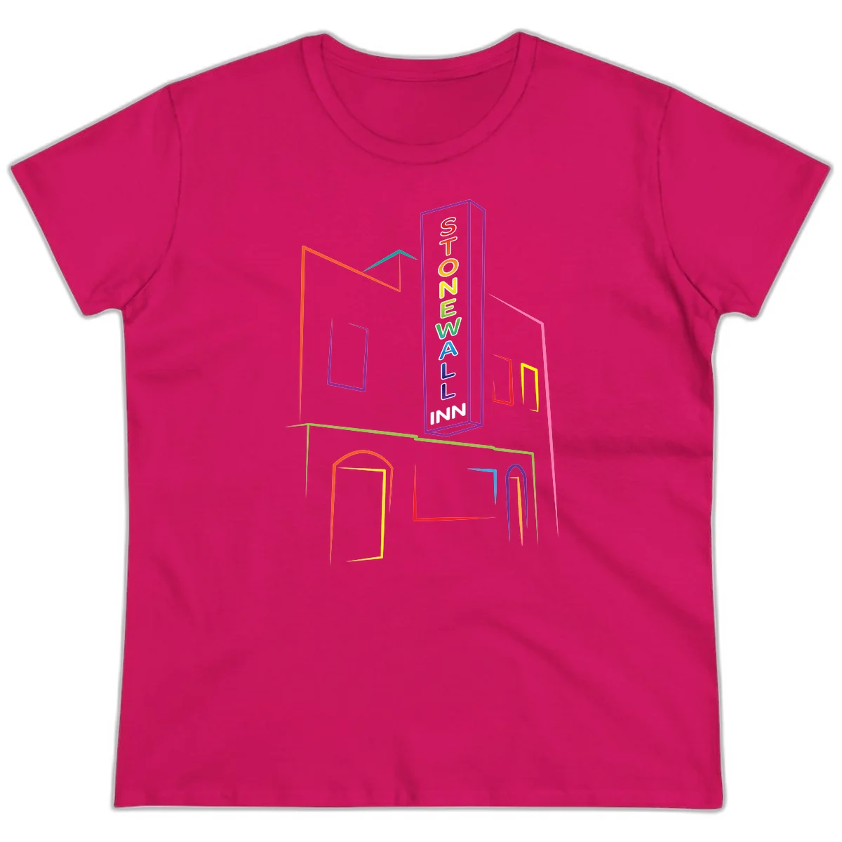 Stonewall Inn neon sign illustration in rainbow colors with building outline and colorful window frames in Heliconia