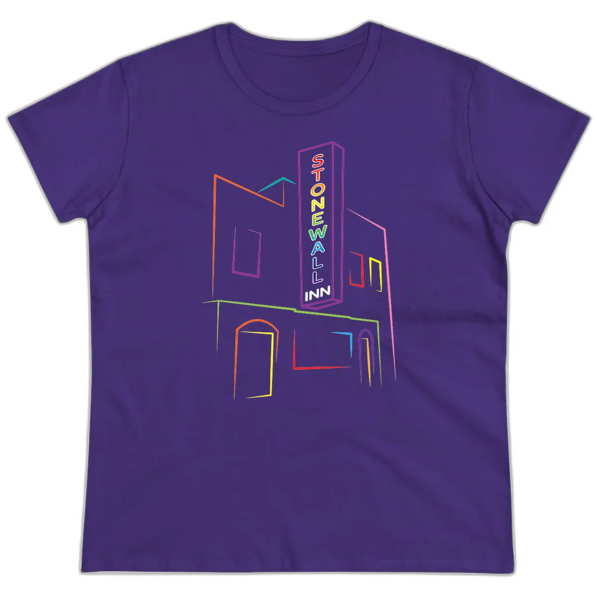 Stonewall Inn neon sign illustration in rainbow colors with building outline and colorful window frames in Purple