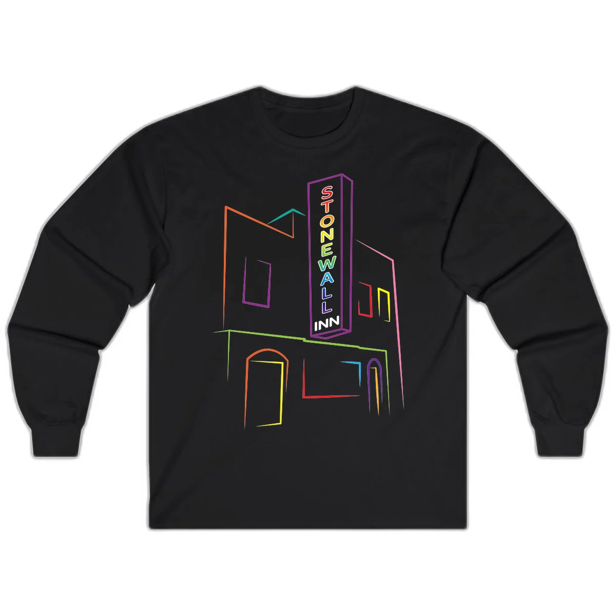 Stonewall Inn neon sign illustration in rainbow colors with building outline and colorful window frames in Black