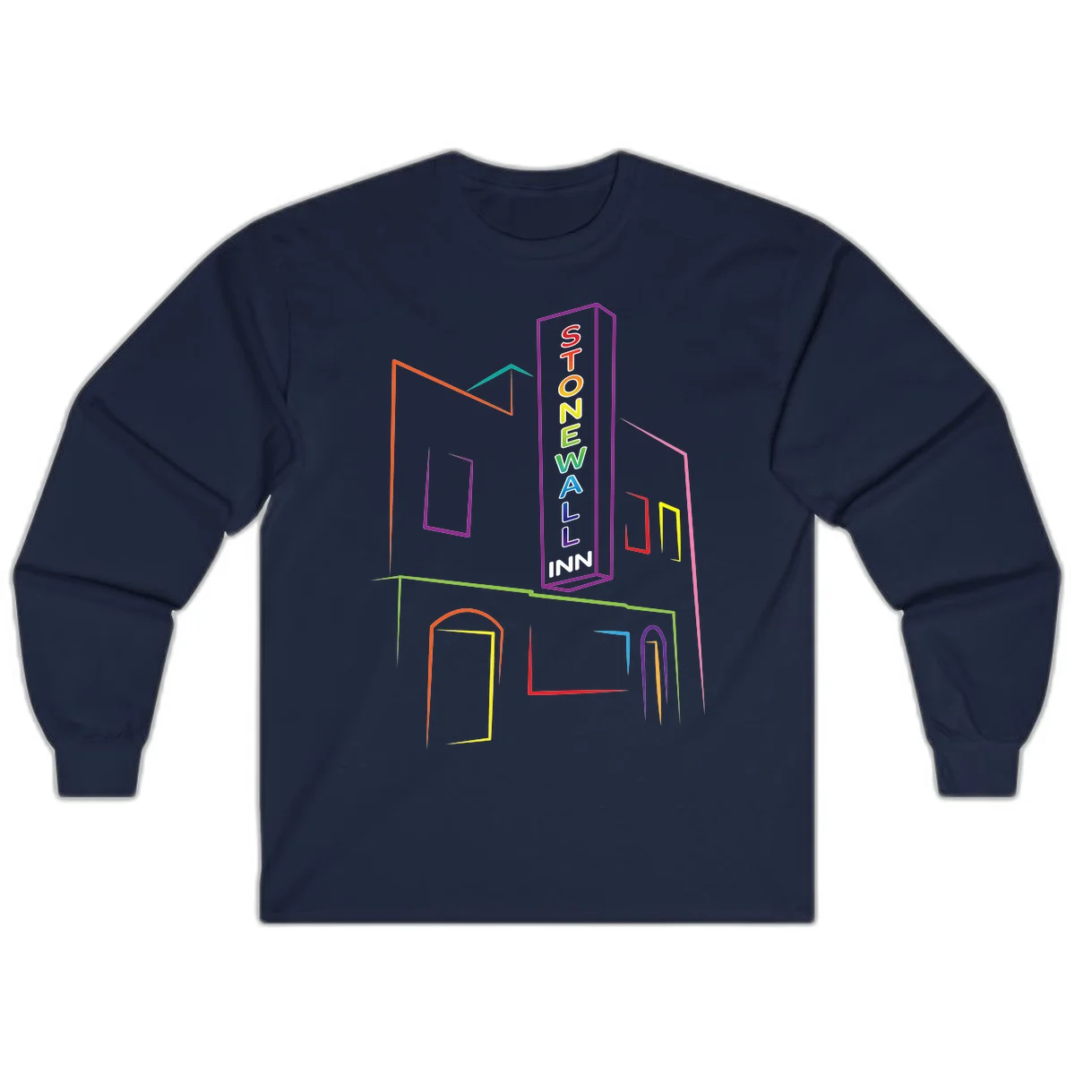 Stonewall Inn neon sign illustration in rainbow colors with building outline and colorful window frames in Navy