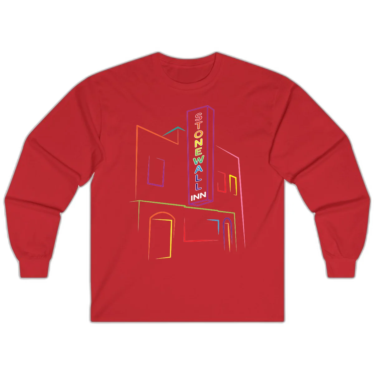 Stonewall Inn neon sign illustration in rainbow colors with building outline and colorful window frames in Red