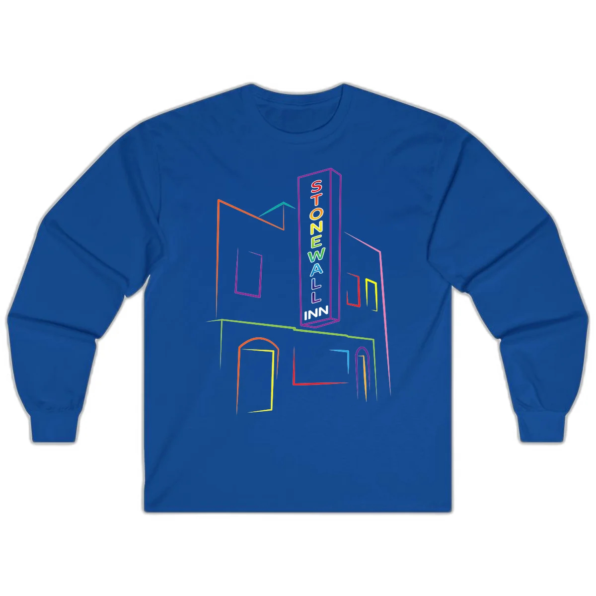 Stonewall Inn neon sign illustration in rainbow colors with building outline and colorful window frames in Royal