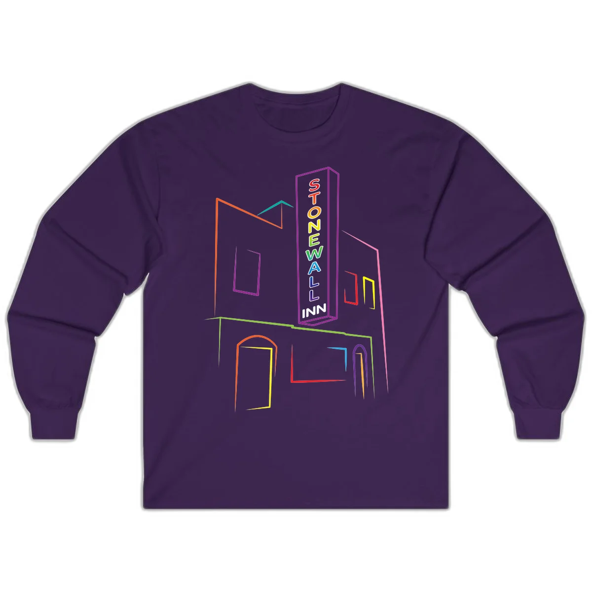 Stonewall Inn neon sign illustration in rainbow colors with building outline and colorful window frames in Purple