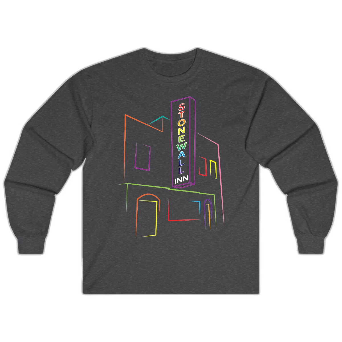 Stonewall Inn neon sign illustration in rainbow colors with building outline and colorful window frames in Dark Heather