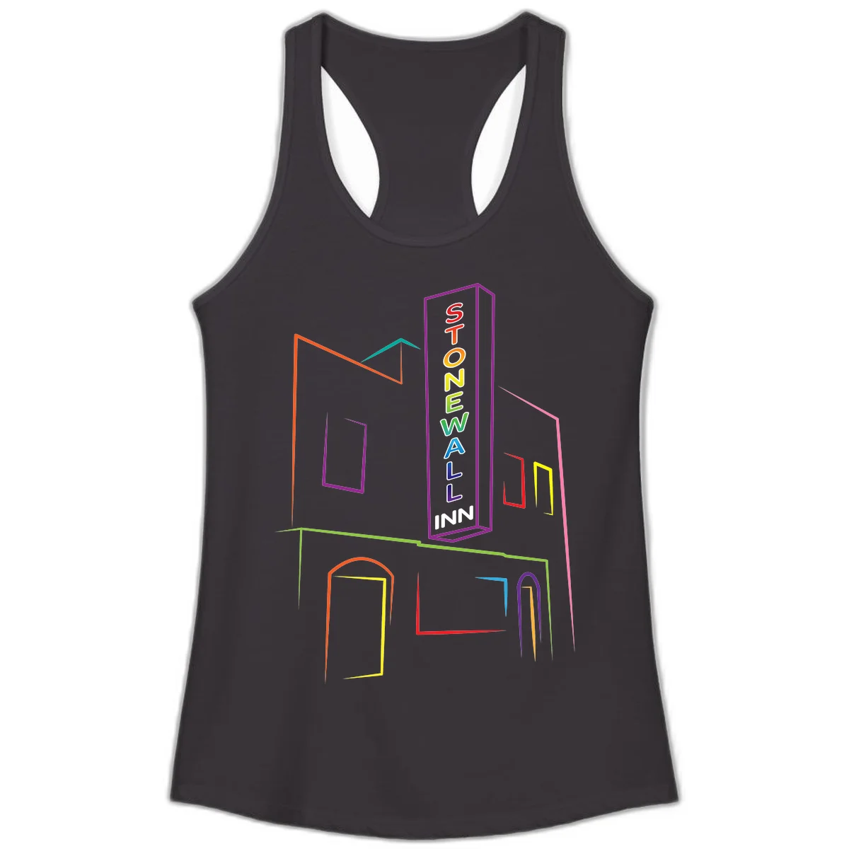 Stonewall Inn neon sign illustration in rainbow colors with building outline and colorful window frames in Black