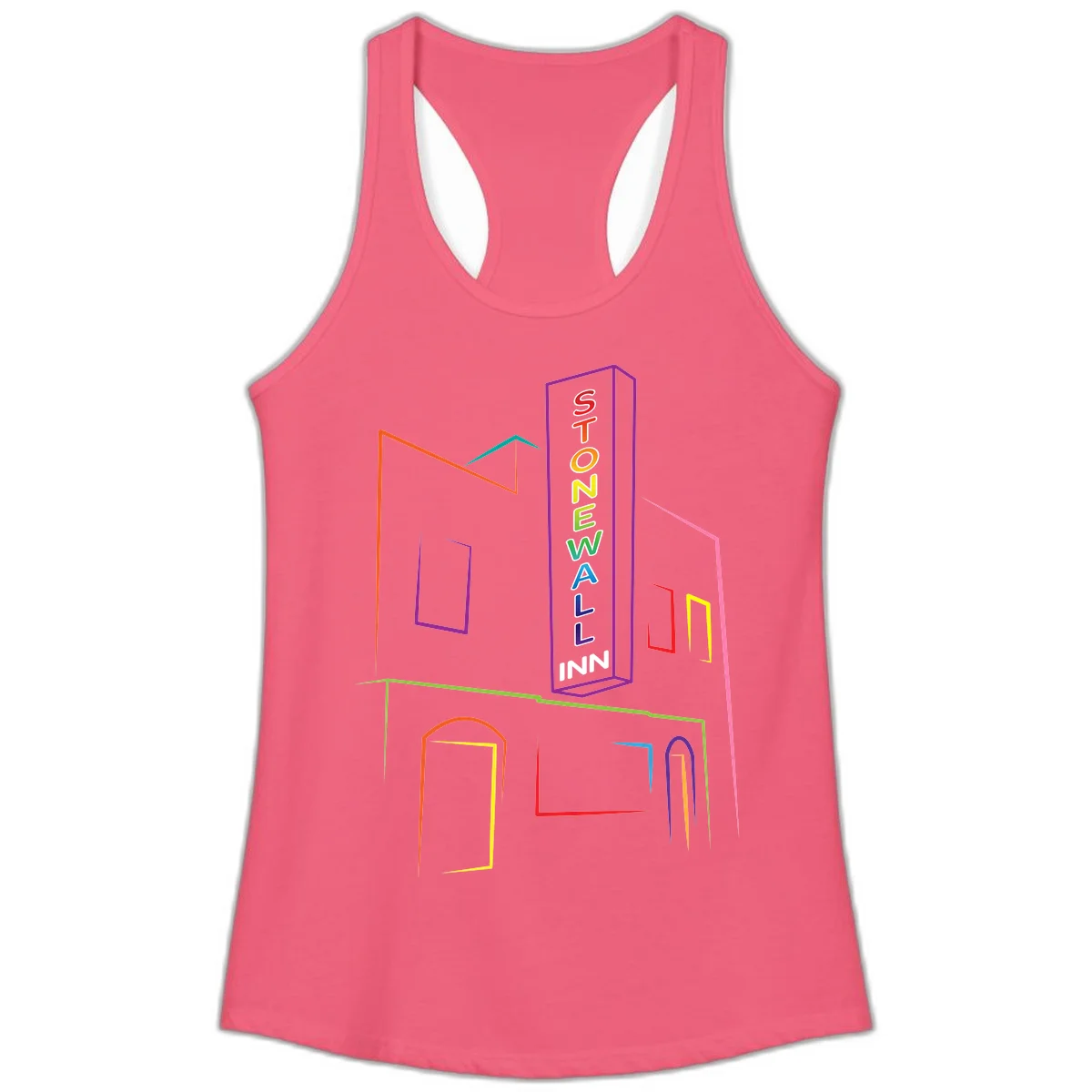 Stonewall Inn neon sign illustration in rainbow colors with building outline and colorful window frames in Hot Pink
