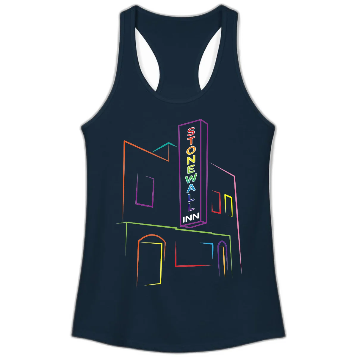 Stonewall Inn neon sign illustration in rainbow colors with building outline and colorful window frames in Solid Midnight Navy