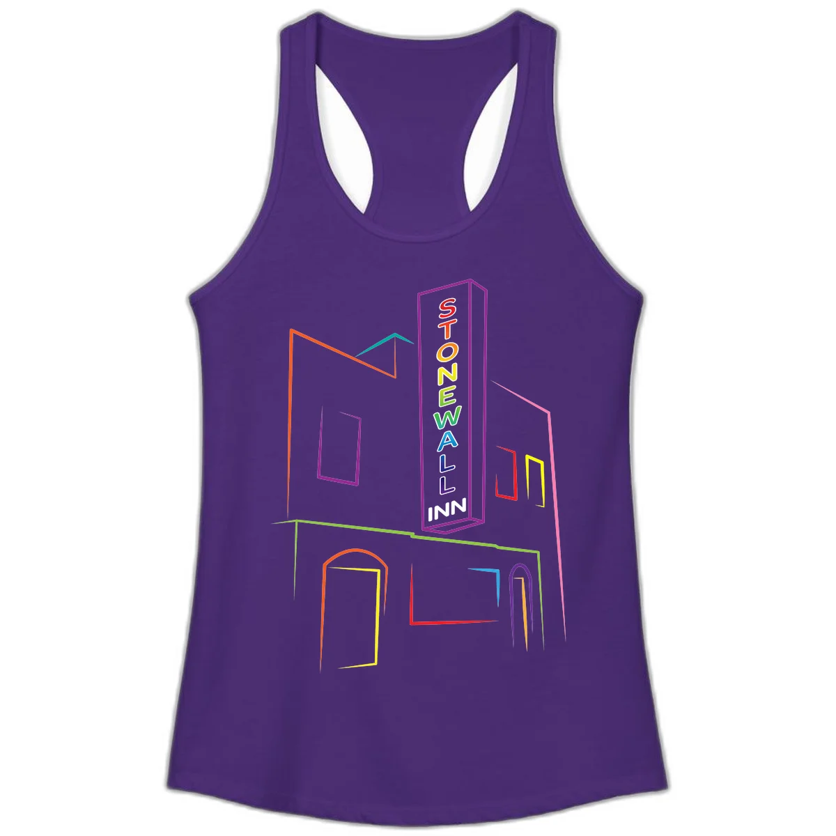 Stonewall Inn neon sign illustration in rainbow colors with building outline and colorful window frames in Solid Purple Rush