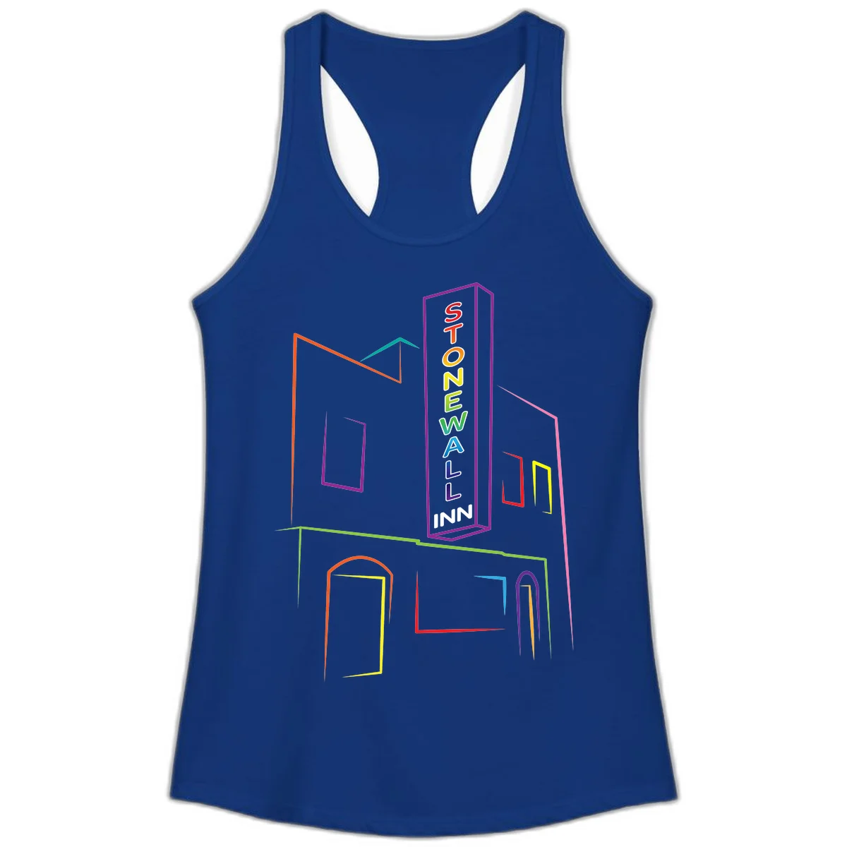 Stonewall Inn neon sign illustration in rainbow colors with building outline and colorful window frames in Solid Royal