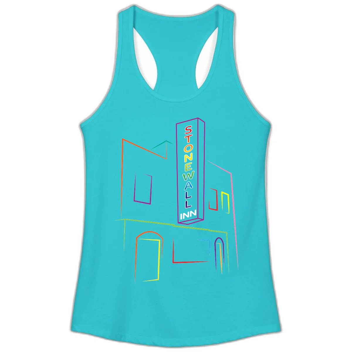 Stonewall Inn neon sign illustration in rainbow colors with building outline and colorful window frames in Solid Tahiti Blue