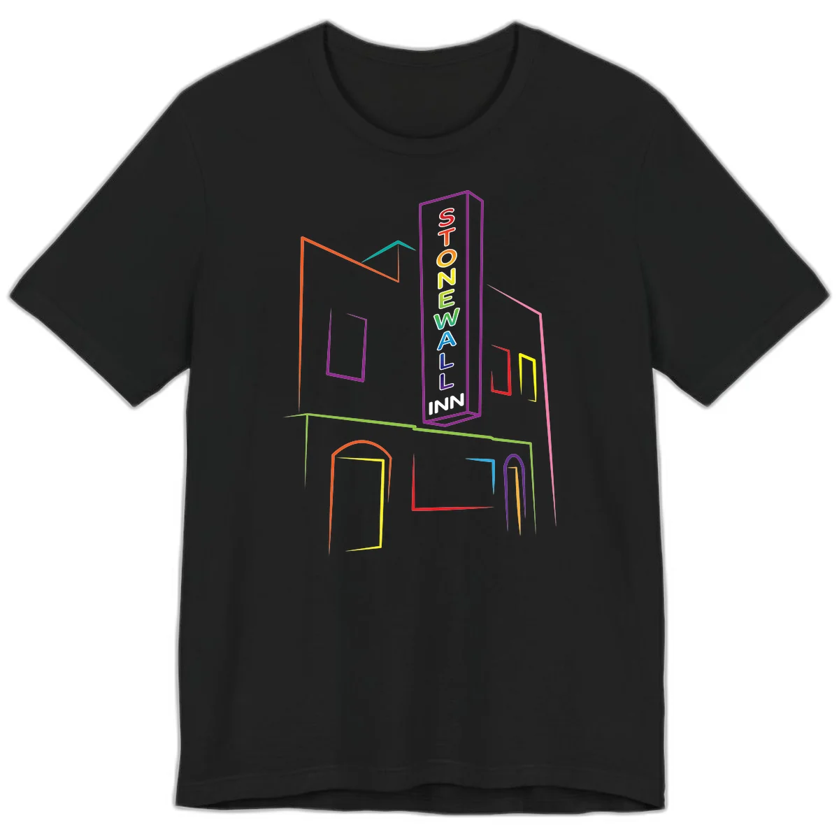 Stonewall Inn neon sign illustration in rainbow colors with building outline and colorful window frames in Black