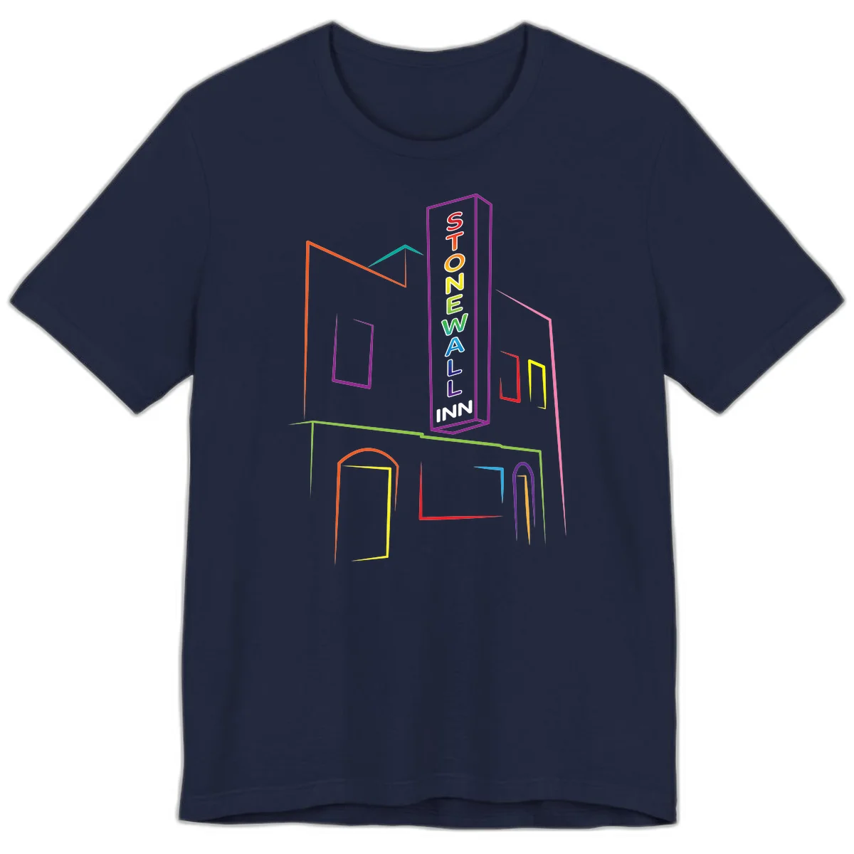 Stonewall Inn neon sign illustration in rainbow colors with building outline and colorful window frames in Navy