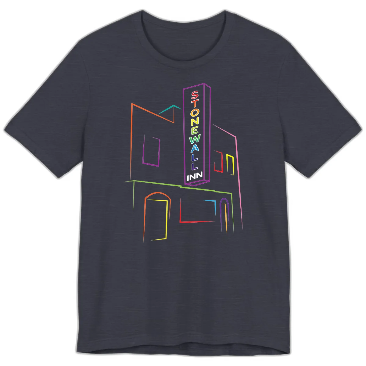 Stonewall Inn neon sign illustration in rainbow colors with building outline and colorful window frames in Heather Midnight Navy